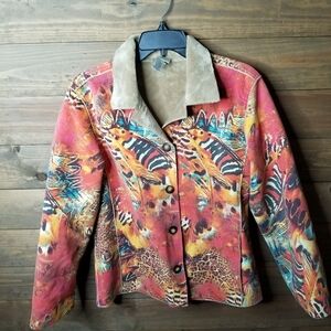 Chico's Faux Suede Faux Furlined Safari Animal Print Jack Sz 0 (M/L)